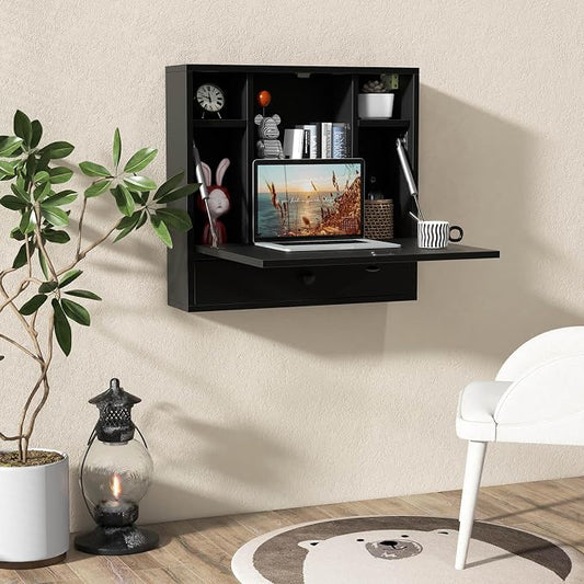 Tangkula Wall Mounted Desk, Folding Floating Wall Mount Laptop Desk, Space Saving Wall Mounted Table with Storage Drawer & Shelves (Black)