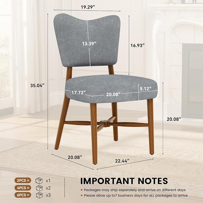Dining Chairs Set of 6, Linen Upholstered, Solid Wood Legs, Gray | Mid Century Farmhouse, Cross-Brace Reinforced, Padded Cushion, Easy 15-Min Assembly, Kitchen Dining Room