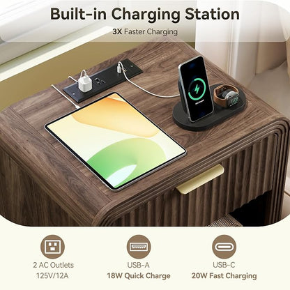 Decofy Fluted Nightstand with Charging Station, Modern Bedroom Side Table with Gold Handles, Curved Profile Design, End Table Wood Organizer for Bedroom, Open Shelf & 1 Drawers (1 Pack, Walnut)