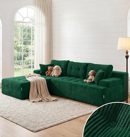 Hobestluk Modular Sectional Sofa Couches L-Shape Couch 3 Seat Modular Sofa Memory Foam Sectional Couches for Living Room, Cloud Couch with Oversized Chaise (Emerald Corduroy, 108", Left Hand Facing)