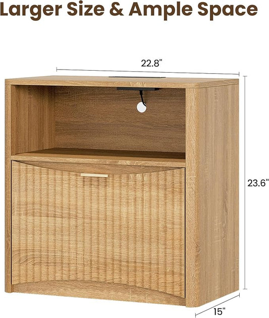 Night Stand with Charging Station, Modern Bedside Table with Drawer & Open Shelf Storage, Small Space Sidetable for Bedroom, Natural Oak
