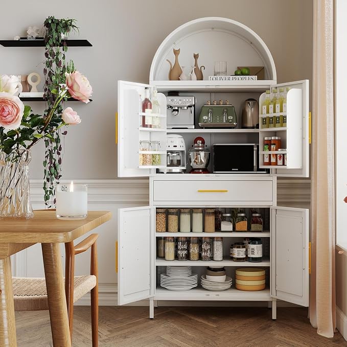 72.8" White Metal Arched Pantry Cabinet with Drawer, Tall Kitchen Storage Cabinet with 3 Adjustable Shelves, Door Storage, Magnetic Closure & Anti-Tip Kit, White, Assembly Required