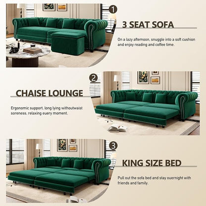 89" Velvet Pull Out Couch Bed - 3-in-1 Convertible Sleeper Sofa with Ottoman, Button Tufted Chesterfield Sofa, King Size Pull Out Sofa Bed, Space Saving for Small Spaces Apartments, Living Room,Green