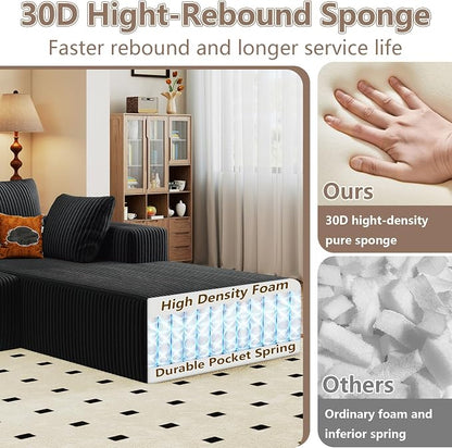 95" Cloud Sectional Couch with L-Shape Chaise, Modular Comfy Sofa Chaise Longue, Upholstered Corduroy Couches Sleeper with Deep Seat for Living Room Bedroom, No Assembly Required(Black, Right Facing)