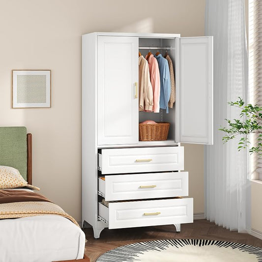 SteeLoong 71" Metal Armoire Wardrobe Closet with 3 Drawer，Tall Clothing Storage Cabinet with Adjustable Shelves and Hanging Rod,White Wardrobe Closet for Bedroom,Home,Office,Gym