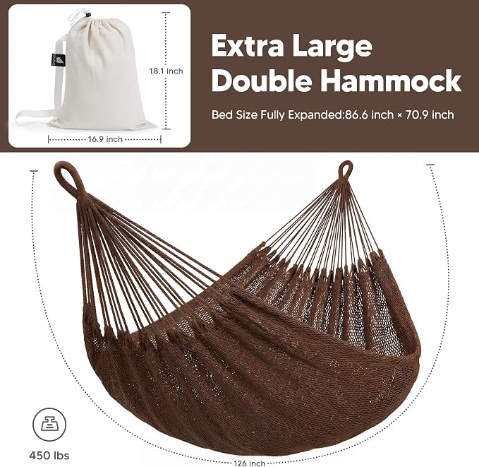 SUNCREAT Hammocks Backyard Rope Hammock, Heavy Duty Large Hammock for Outside, Brown