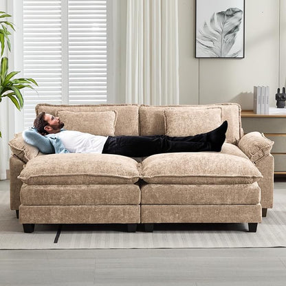 Oprisen 86" Modular Sectional Sofa, Comfy Cloud Couch Sectional Sofa with Ottomans, Chenille Sofa Sleeper Deep Seat Sofa with Throw Pillows for Living Room (Khaki)
