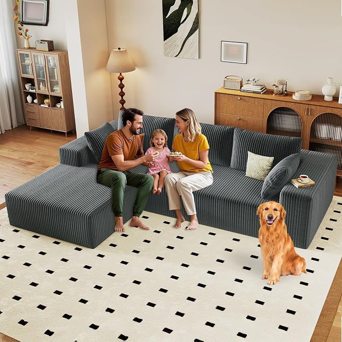96" Modular Sectional Sofa, Modern Corduroy Cloud Couch with Deep Seat, Boneless Couch Upholstered 3-Seater L-Shaped Sofa for Living Room, No Assembly Required (Dark Grey, Left-Facing Chaise)
