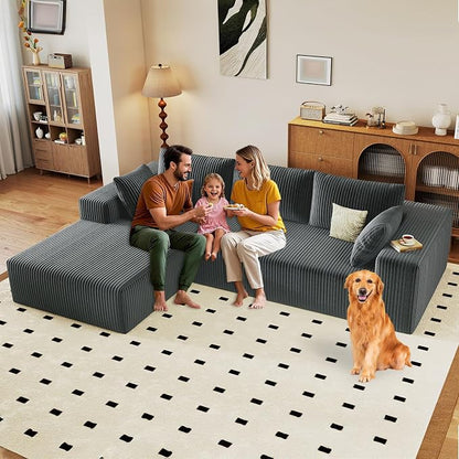 96" Modular Sectional Sofa, Modern Corduroy Cloud Couch with Deep Seat, Boneless Couch Upholstered 3-Seater L-Shaped Sofa for Living Room, No Assembly Required (Dark Grey, Left-Facing Chaise)