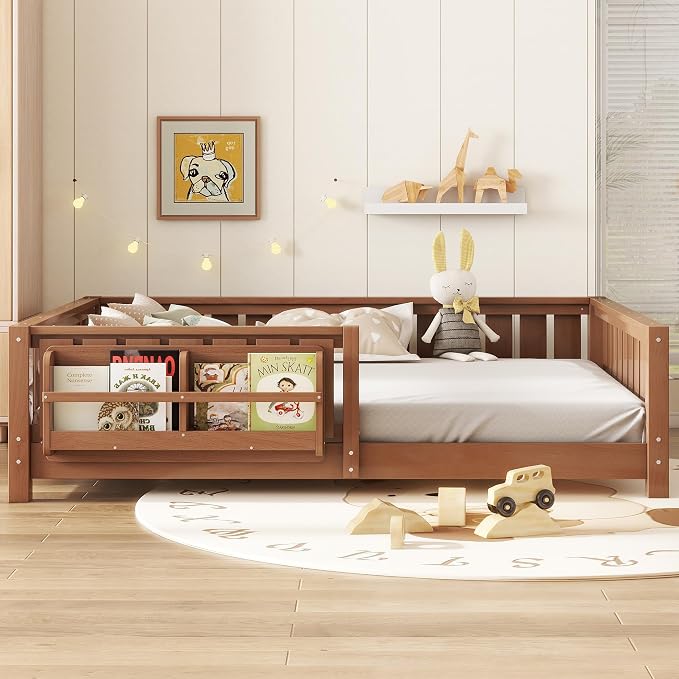 Bellemave Natural Montessori Floor Bed with Fence and Slats, Queen Size Montessori Floor Bed with Bookcase and High Rails, Easy Assemble Bed Frame for Girls, Boys, Queen