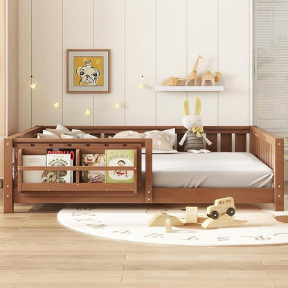Bellemave Natural Montessori Floor Bed with Fence and Slats, Queen Size Montessori Floor Bed with Bookcase and High Rails, Easy Assemble Bed Frame for Girls, Boys, Queen
