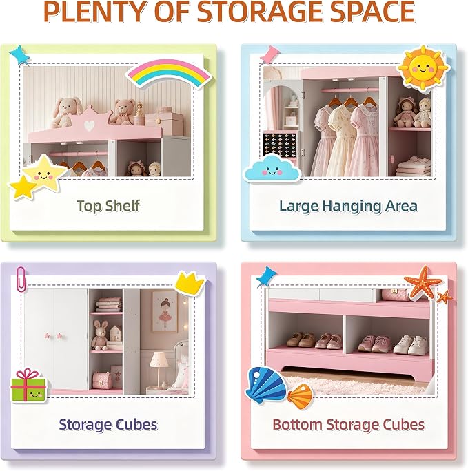 Kids Dress Up Storage with Hidden Jewelry Armoire, Wooden Princess Pretend Play Closet Wardobe Center with Mirror, Toddler Armoire Organizer with Hanging Area & Shoe Cubbies, Pink/White