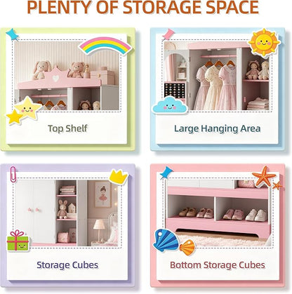 Kids Dress Up Storage with Hidden Jewelry Armoire, Wooden Princess Pretend Play Closet Wardobe Center with Mirror, Toddler Armoire Organizer with Hanging Area & Shoe Cubbies, Pink/White