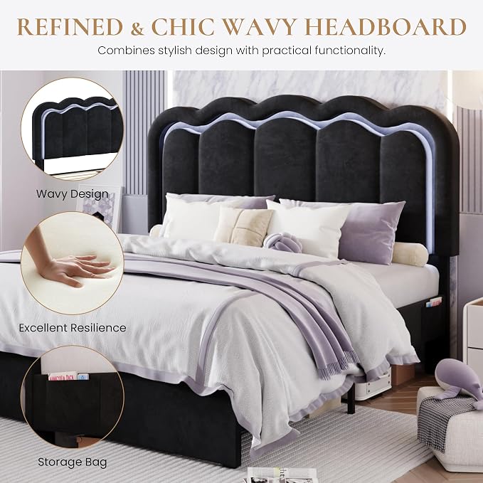 SHA CERLIN Upholstered Full Size Bed Frame with LED Lights and Large Storage Drawer, Velvet Platform Bed with Adjustable Wavy Headboard, Noise Free, Easy Assembly, No Box Spring Needed, Soft Black