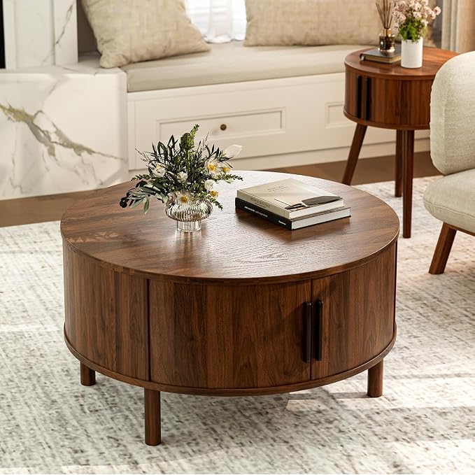 ZttRiee Round Coffee Table with Sliding Doors, Mid-Century, Walnut | Ø30.0"D x 16.3"H, 200 lbs capacity, dual sliding-door storage, ~45 min assembly