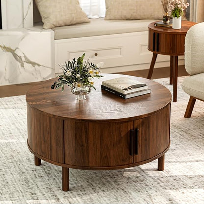 ZttRiee Round Coffee Table with Sliding Doors, Mid-Century, Walnut | Ø30.0"D x 16.3"H, 200 lbs capacity, dual sliding-door storage, ~45 min assembly