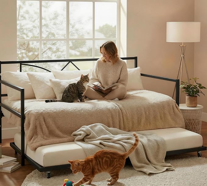 DWVO Twin Daybed with Trundle, Metal Sofa Bed with Adjustable Height,Trundle Bed with Heavy Duty Metal Slats, for Living Room, Bedroom, Guest Room, Space Saving, Black
