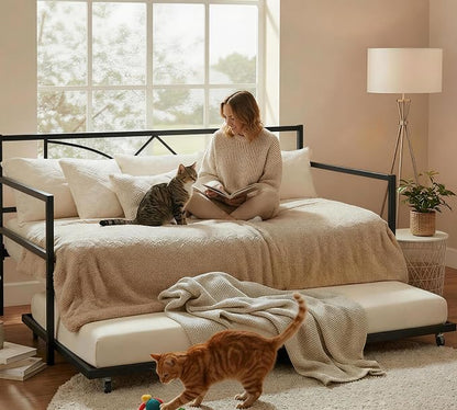 DWVO Twin Daybed with Trundle, Metal Sofa Bed with Adjustable Height,Trundle Bed with Heavy Duty Metal Slats, for Living Room, Bedroom, Guest Room, Space Saving, Black
