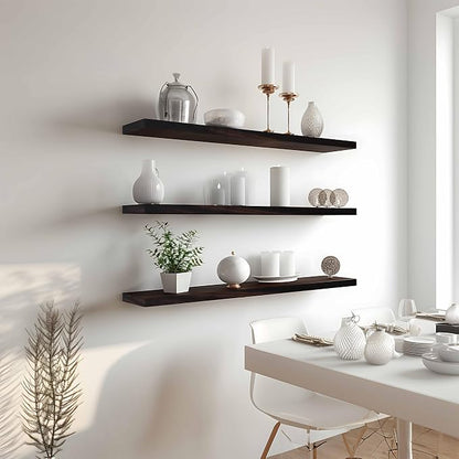 YYWUOJJ Wood Floating Shelves for Wall Decor, Rustic Wall Shelves for Bedroom Bathroom Kitchen Living Room, Set of 4 Walnut 36 Inch
