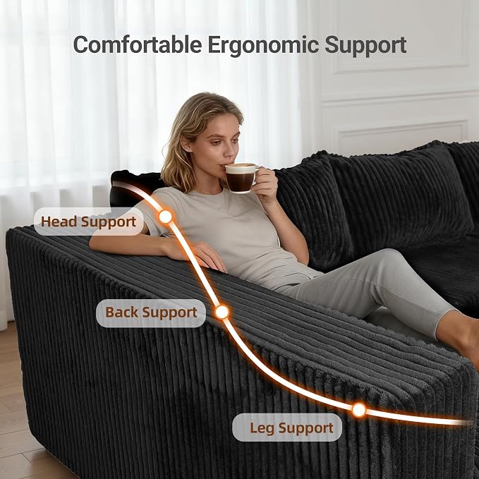 Claiks 128" U-Shaped Modular Sectional Sofa No Assembly Required, Oversized Cloud Couch with Double Chaise, Corduroy Fabric for Living Room & Apartment, Black