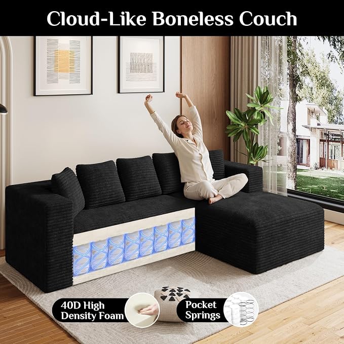 Oversized L Shaped Boneless Sectional Couches for Living Room, 107" Comfy Fluffy Cloud Modular Sectional Sofa, Plush Corduroy Memory Foam Floor Sofa with Right Facing Chaise Couch