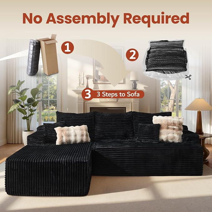 ovios 96" Cloud Sectional Couch with L-Shape Chaise,Modern Modular Sofa with Deep Seat, Upholstered Couches for Living Room Bedroom,No Assembly Required, Black (Plush Corduroy Fabric)