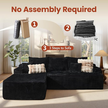 ovios 96" Cloud Sectional Couch with L-Shape Chaise,Modern Modular Sofa with Deep Seat, Upholstered Couches for Living Room Bedroom,No Assembly Required, Black (Plush Corduroy Fabric)