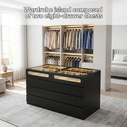 senlin Modern 16 Drawer Wardrobe Armoire with Glass Top LED Lights,Fluted Island Dresser Bedroom Closet Organizer System,Large Clothing Storage Cabinet with Jewelry Tray,Hidden Handles (Black)