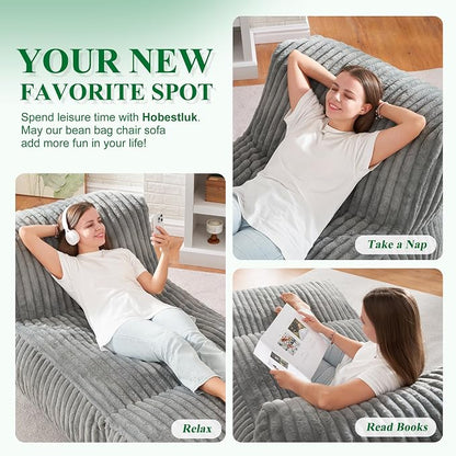 Hobestluk Giant Memory Foam Bean Bag Chairs Sofa for Adults (Grey,Large) | Soft Fabric,Ergonomic Back Support,Lightweight,Easy Clean,No Assembly,Wear-resisting,For Livingroom Guest room,Well-looking