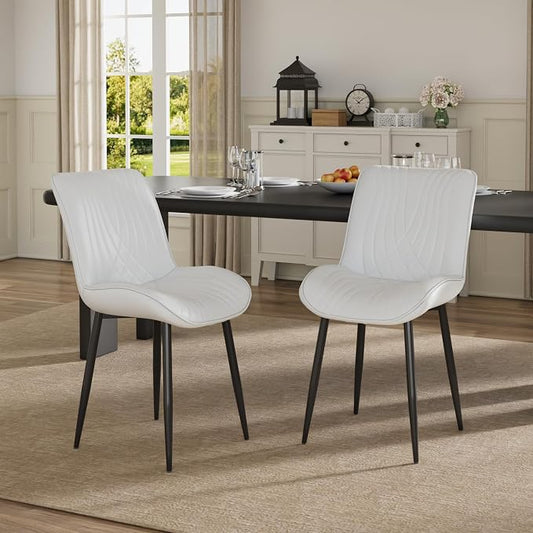 VECELO Dining Chairs Set of 2, Modern Upholstered Faux Leather Cushion Seat and Metal Legs for Kitchen, Living Room, White