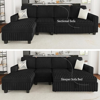 Belffin Modular Sectional Sofa with Storage Chaise Corduroy Sleeper Sofa with Pull Out Bed L Shaped Couch for Living Room. Apartment Couch. Black