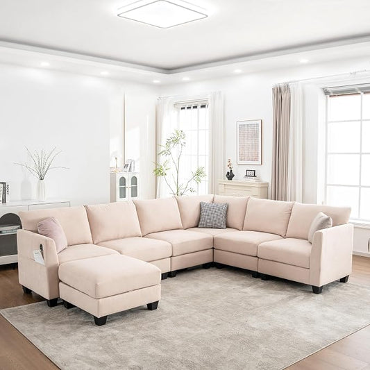 122.8" Large Sectional Couches for Living Room, 6 Seater L Shaped Modular Sectional Sofa with Storage Ottoman & USB, Oversized Corner Couch for Living Room（Beige）