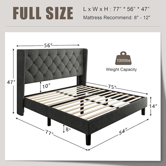Einhomn Full Size Platform Bed Frame with Fabric Upholstered Wingback Headboard, 8" Under Bed Space, Wooden & Metal Slats Support, No Box Spring Needed, Dark Gray