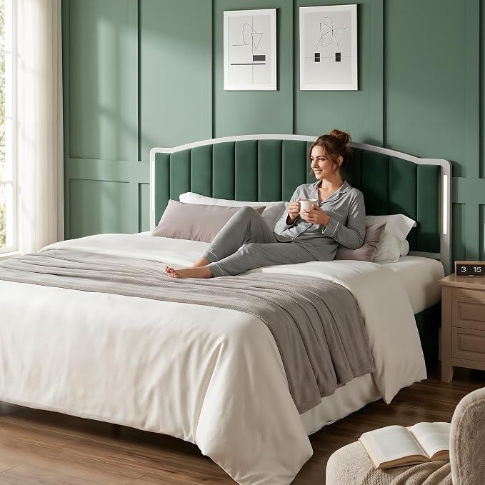 Headboard for Queen Size Bed with LED Lights, Upholstered Vertical Channel Tufting Head Boards, Velvet Headboard Only, Attach Frame, Ideal for Bedroom, Dorm, Guest Room, Green