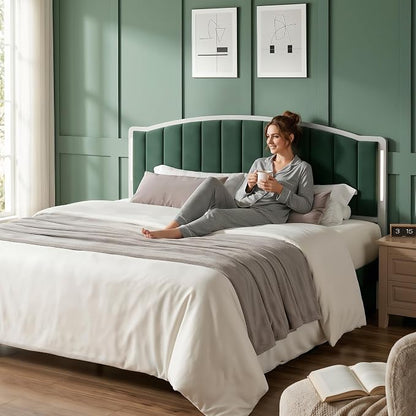 Headboard for Queen Size Bed with LED Lights, Upholstered Vertical Channel Tufting Head Boards, Velvet Headboard Only, Attach Frame, Ideal for Bedroom, Dorm, Guest Room, Green
