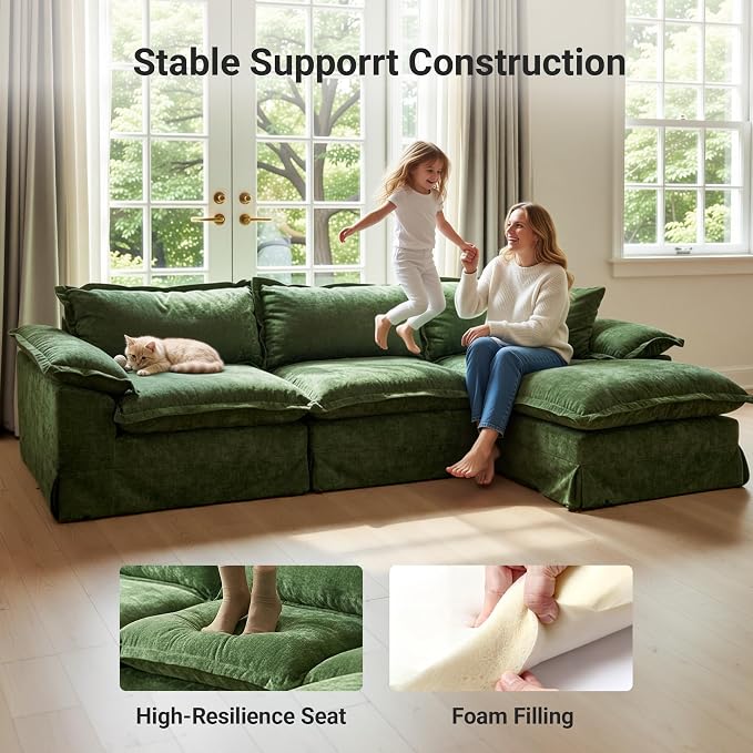 Claiks 123" Modular Boneless Couch, U Shaped Couch for Living Room, Modern Deep Seat Sofa 3 Seater Chenille Fabric Comfy Cloud Couches with Movable Ottoman, Dark Green