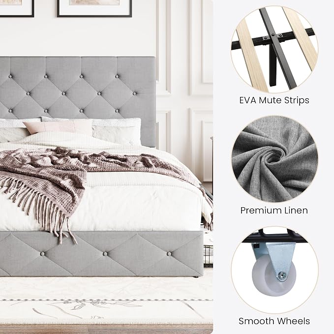 SHA CERLIN Upholstered Full Size Platform Bed Frame with 4 Storage Drawers, Adjustable Headboard with Diamond Stitched Button Tufted Design, Wooden Slat Support, No Box Spring Needed, Light Grey