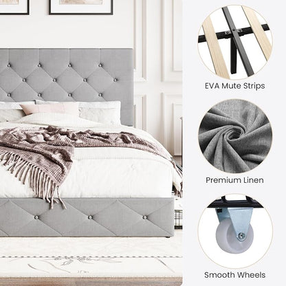 SHA CERLIN Upholstered Queen Size Platform Bed Frame with 4 Storage Drawers, Adjustable Headboard with Diamond Stitched Button Tufted Design, Wooden Slat Support, No Box Spring Needed, Light Grey