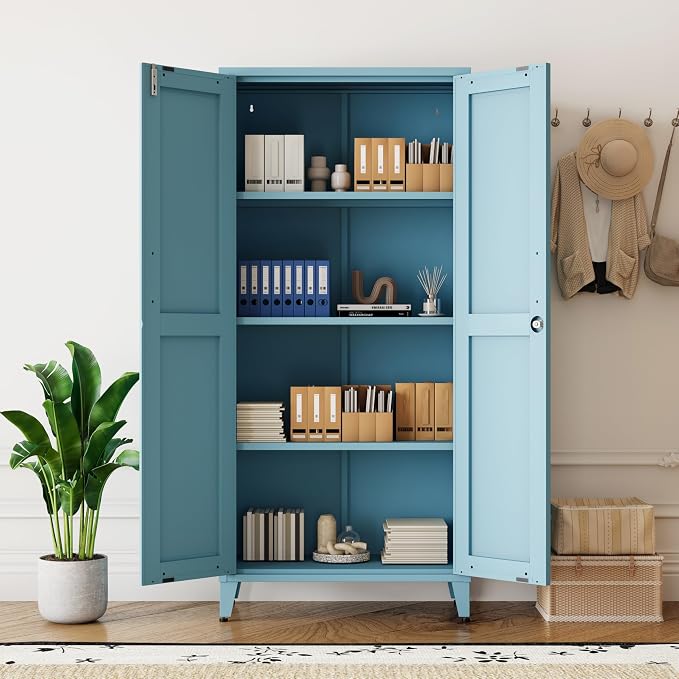 Lockable 61 Inch Tall Metal Storage Cabinet,2-Door Metal Pantry Cabinet with Adjustable Shelves, 4-Tier Steel Storage Locker for Bedroom Kitchen, Home Blue 61" H X 27.6" W X 13.8" D