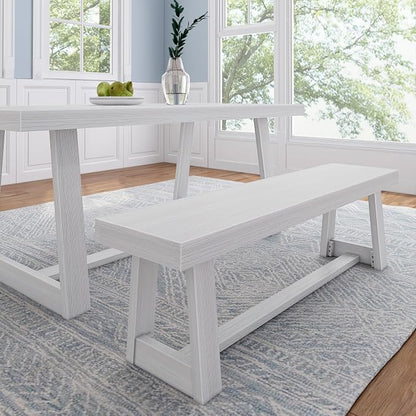 Plank+Beam 60 Inch Farmhouse Dining Bench, Solid Wood Entryway Bench, Wooden Outdoor Bench, Kitchen Dining Seat, Dining Room, Home Office, Living Room Furniture, Easy Assembly, White Wirebrush