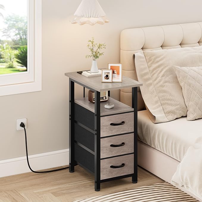 Vagusicc Night Stand with Charging Station, Narrow Nightstand with U-S-B Ports and Outlets, End Table with 3 Fabric Storage Drawers, Small Bedside Table, Greige