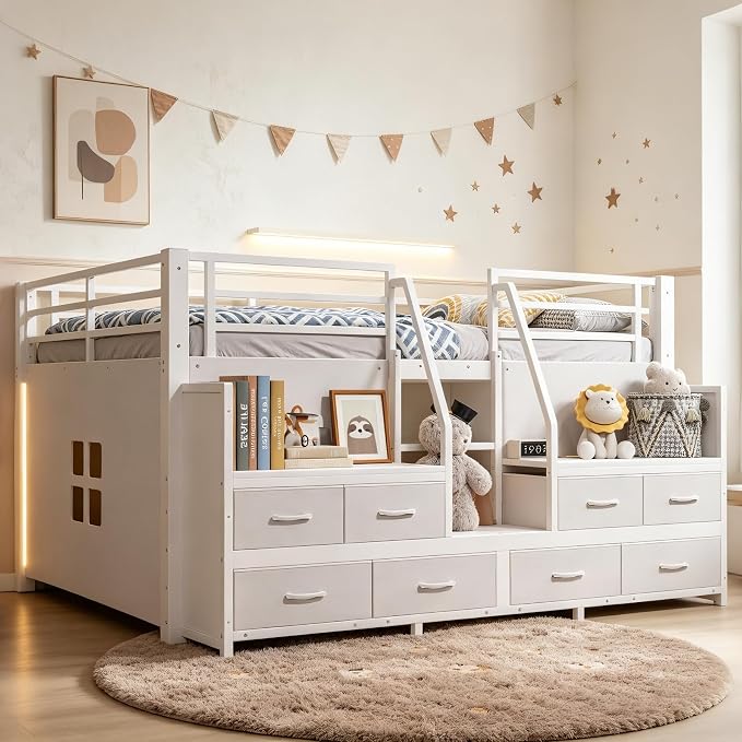 Bellemave Low Loft Bed Full Size with Storage Shelves & Fabric Drawers, Metal Full Loft Bed for Kids with LED Lights & Under-Bed Play Area, Low Loft Bed Frame for Bedroom, No Box Spring Needed, White