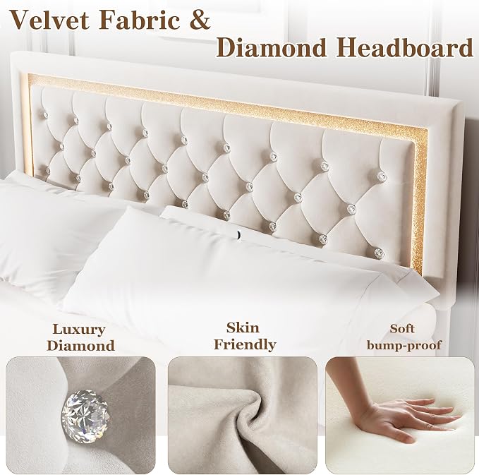 Garvee Floating Bed Frame King Size with Smart Led Lights, Upholstered Platform Bed with Diamond Headboard, Solid Wood Slats Support, No Box Spring Needed, Noise-Free, Easy Assembly, White