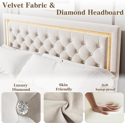 Garvee Floating Bed Frame King Size with Smart Led Lights, Upholstered Platform Bed with Diamond Headboard, Solid Wood Slats Support, No Box Spring Needed, Noise-Free, Easy Assembly, White