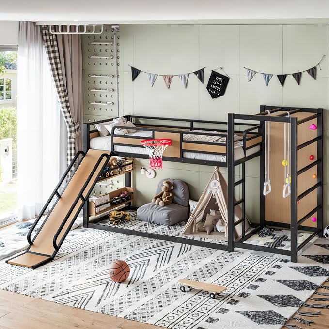 Harper & Bright Designs Heavy Duty Metal Bunk Bed with Slide and Basketball Hoop, Twin XL Size Bunk Bed with Bookshelf and Pull-up Rings for Bedroom, Black+Yellow