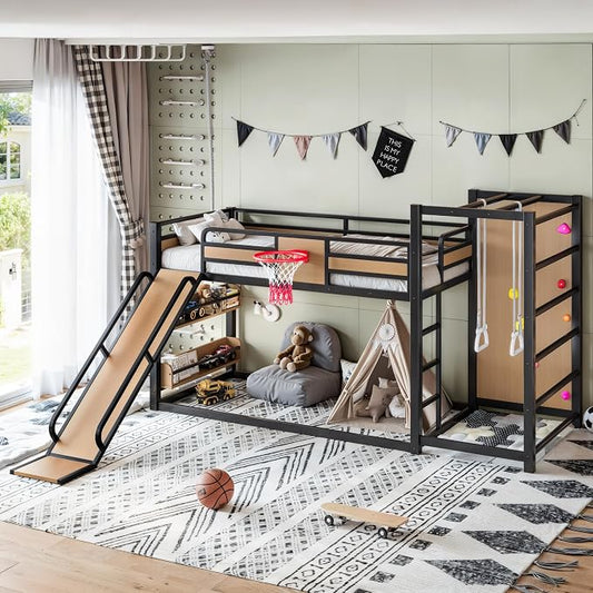 Harper & Bright Designs Heavy Duty Metal Bunk Bed with Slide and Basketball Hoop, Twin XL Size Bunk Bed with Bookshelf and Pull-up Rings for Bedroom, Black+Yellow
