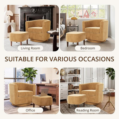 Swivel Accent Chair with Storage Ottoman Set of 2, Small Modern Velvet Barrel Chair, Upholstered Armchair with Footrest for Living Room/Reading/Bedroom, 24.8'' D x 25.38'' W x 25.6'' H, Yellow