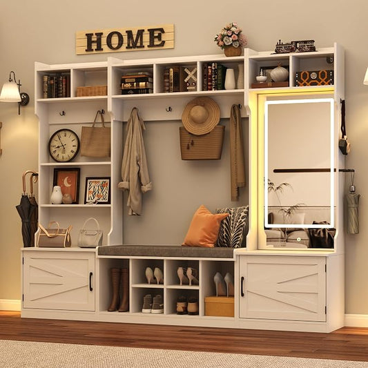 86.6''W Extra Large Farmhouse Hall Tree with Mirror Bench and Shoe Storage,Entryway Bench with Coat Rack,6 Shoe Cubbies & Umbrella Holder and Storage Cushioned Stool,Mudroom/Hallway Storages Cabinet