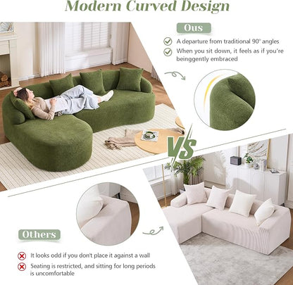 99" Curved Sofa with L-Shape Chaise,Modern Cloud Curved Couch with Deep Seat,No Assembly Required,Upholstered Oversized Couches for Living Room,Apartment (Green, 99Inch)
