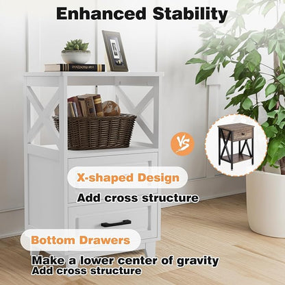 May in Color White Nightstand Set of 2, Tall Side Table, Farmhouse End Table with 2 Large Storage Drawers Cabinet, Wooden Rustic Bedside End Table for Bedroom, Home Office, White